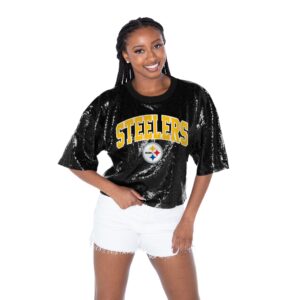 PITTSBURGH STEELERS Women's Gameday Couture RISE UP FULLY LINED TONAL SEQUIN CROP TOP