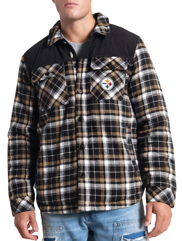 G-III Men's Pittsburgh Steelers Black Plaid Black Shirt Jacket - Image 2