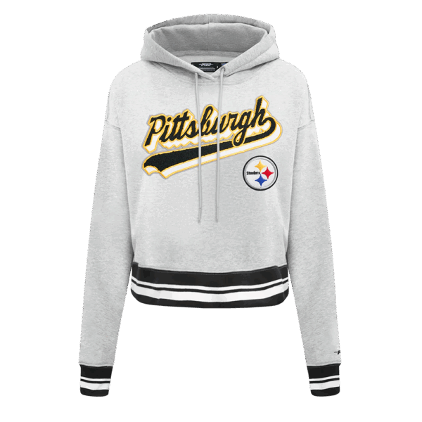 PITTSBURGH STEELERS PRO STANDARD GREY SCRIPT TAIL WOMEN'S RIB FLC CROPPED PO HOODIE - Image 2