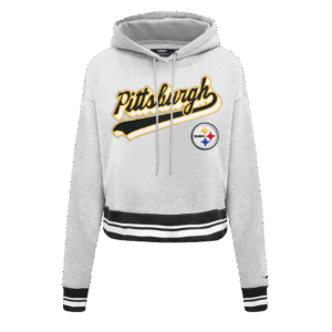 PITTSBURGH STEELERS PRO STANDARD GREY SCRIPT TAIL WOMEN'S RIB FLC CROPPED PO HOODIE