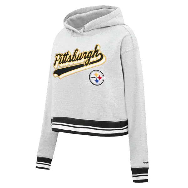 PITTSBURGH STEELERS PRO STANDARD GREY SCRIPT TAIL WOMEN'S RIB FLC CROPPED PO HOODIE - Image 3