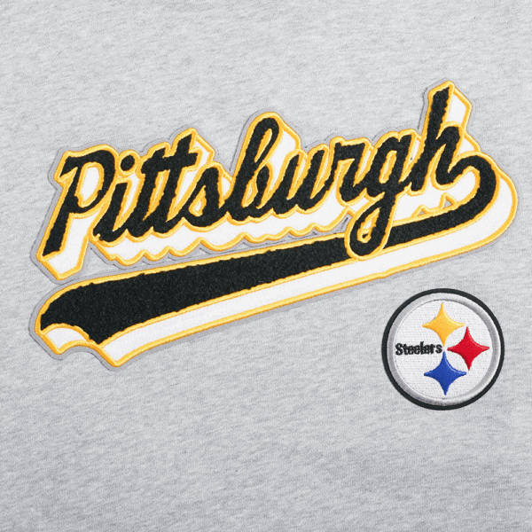 PITTSBURGH STEELERS PRO STANDARD GREY SCRIPT TAIL WOMEN'S RIB FLC CROPPED PO HOODIE - Image 7