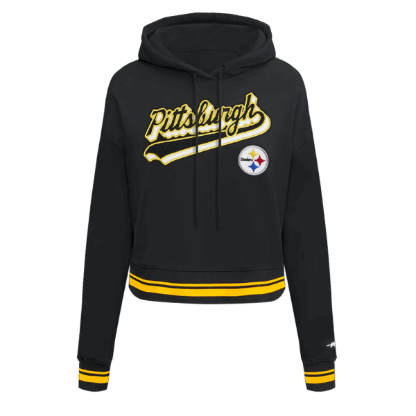 PITTSBURGH STEELERS PRO STANDARD SCRIPT TAIL WOMEN'S RIB FLC CROPPED PO HOODIE BLK - Image 2