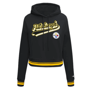 PITTSBURGH STEELERS PRO STANDARD SCRIPT TAIL WOMEN'S RIB FLC CROPPED PO HOODIE BLK