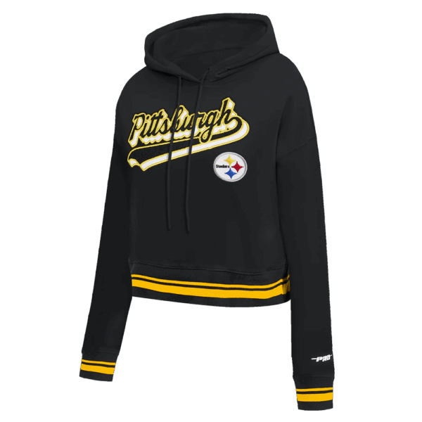 PITTSBURGH STEELERS PRO STANDARD SCRIPT TAIL WOMEN'S RIB FLC CROPPED PO HOODIE BLK - Image 3