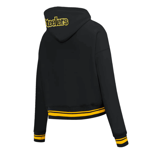 PITTSBURGH STEELERS PRO STANDARD SCRIPT TAIL WOMEN'S RIB FLC CROPPED PO HOODIE BLK - Image 5